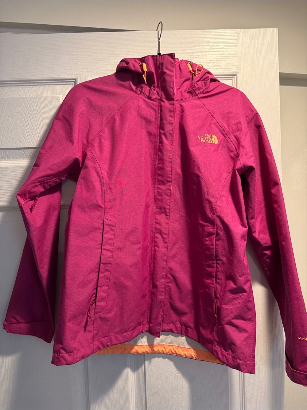 The North Face Pink Hooded Rain Jacket with Orange Accents